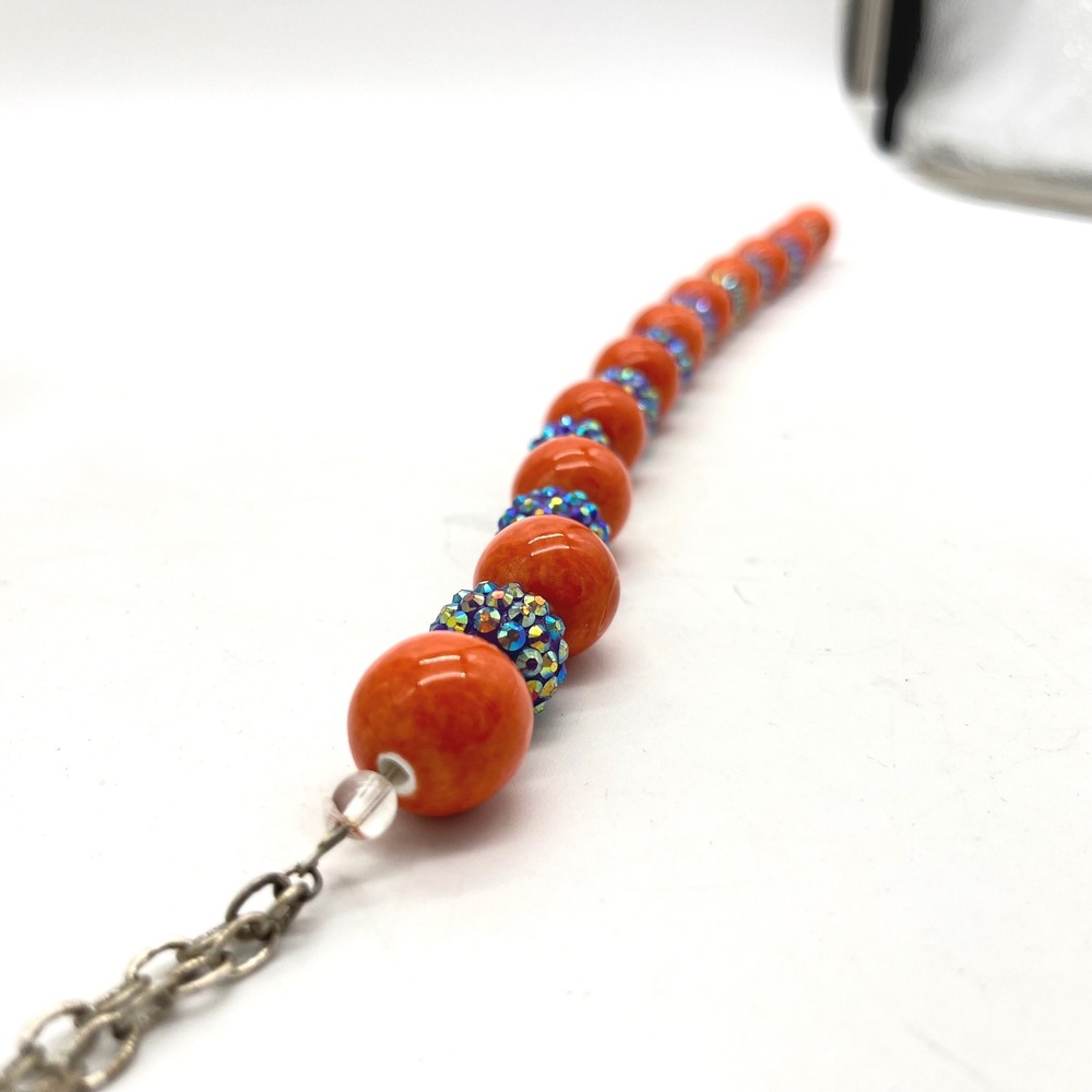 Orange Chunky Bead Necklace Iridescent Blue Pavé Rhinestone Statement 18.5" - Picture 6 of 6